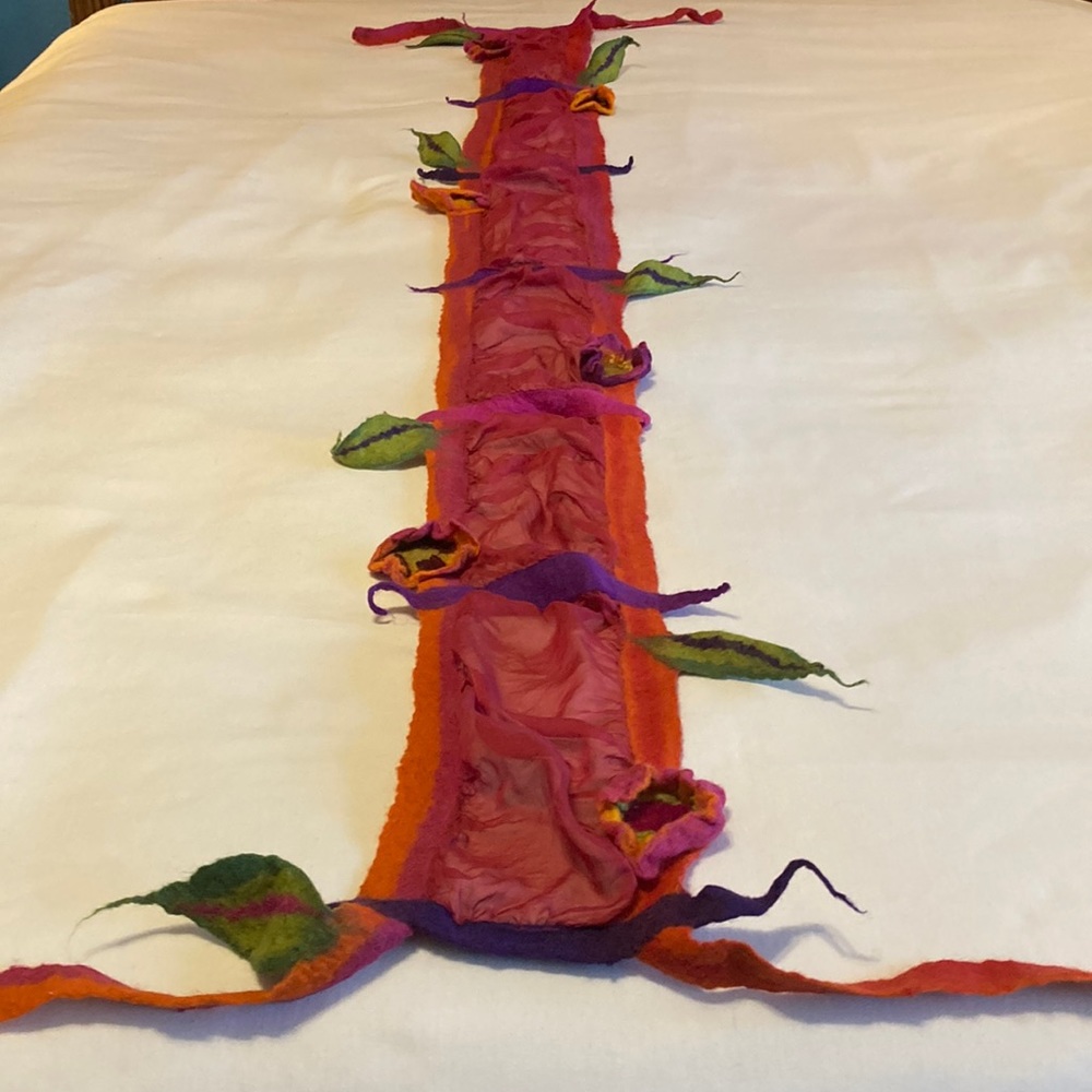 Unique and whimsical felt and sheer scarf.